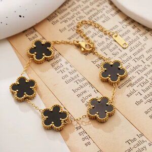 Gold-Toned Stainless Steel Black Flower Motif Bracelet